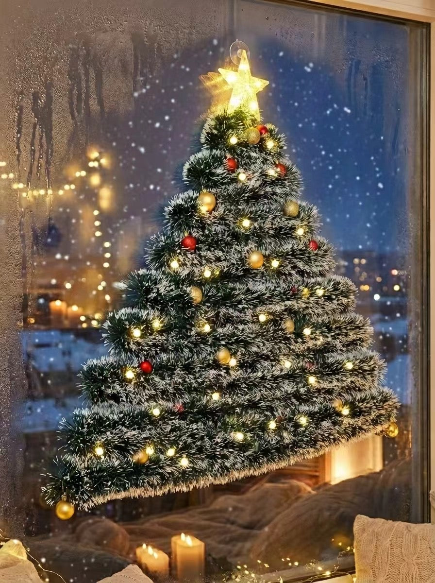 Pre-Lit Wall-Mounted Frosted Tinsel Christmas Tree with Ornaments – Window Decor