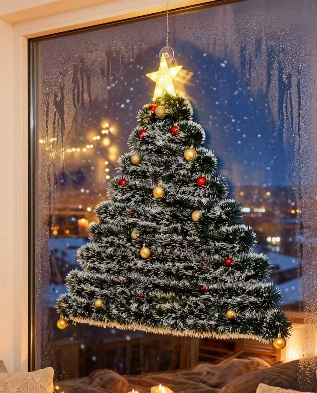 Wall-Mounted Frosted Tinsel Christmas Tree with Lights & Ornaments- Window Decor