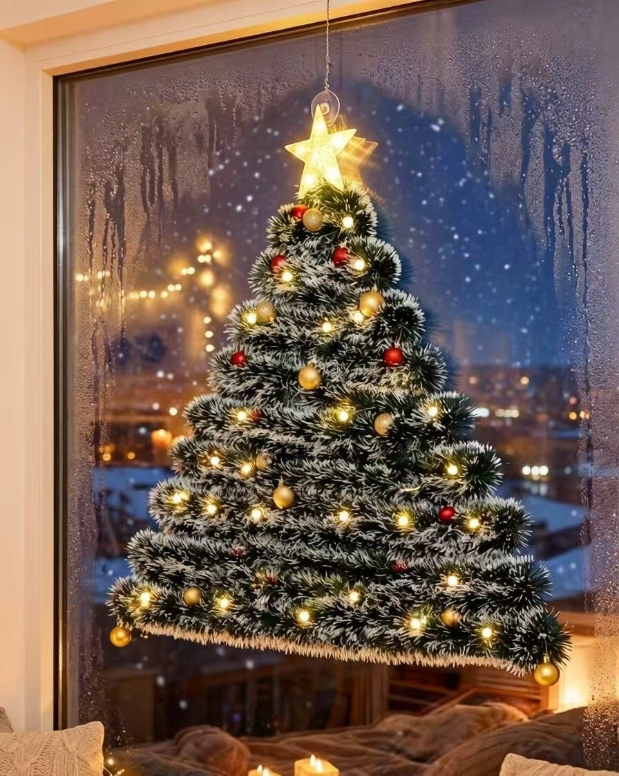 Pre-Lit Wall-Mounted Frosted Tinsel Christmas Tree with Ornaments – Window Decor
