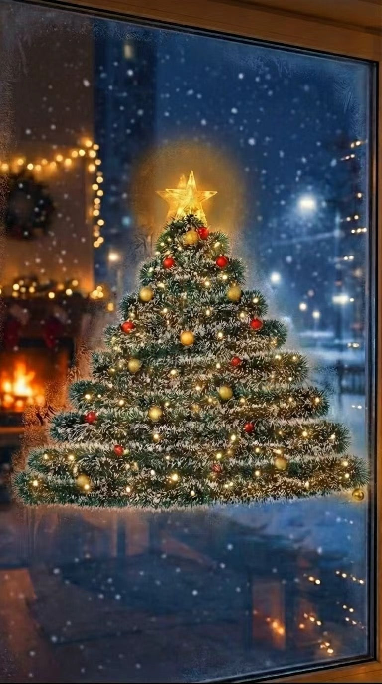 Pre-Lit Wall-Mounted Frosted Tinsel Christmas Tree with Ornaments – Window Decor