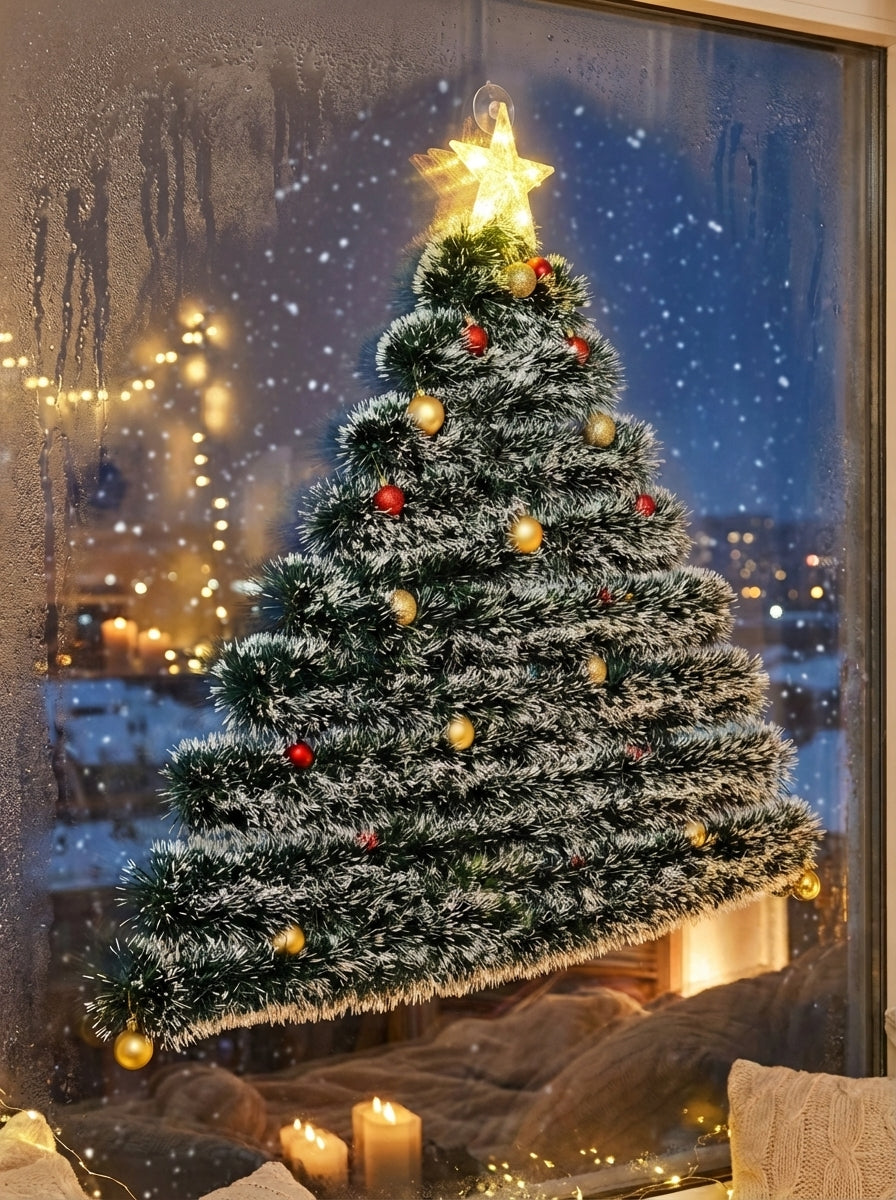 Wall-Mounted Frosted Tinsel Christmas Tree with Lights & Ornaments- Window Decor