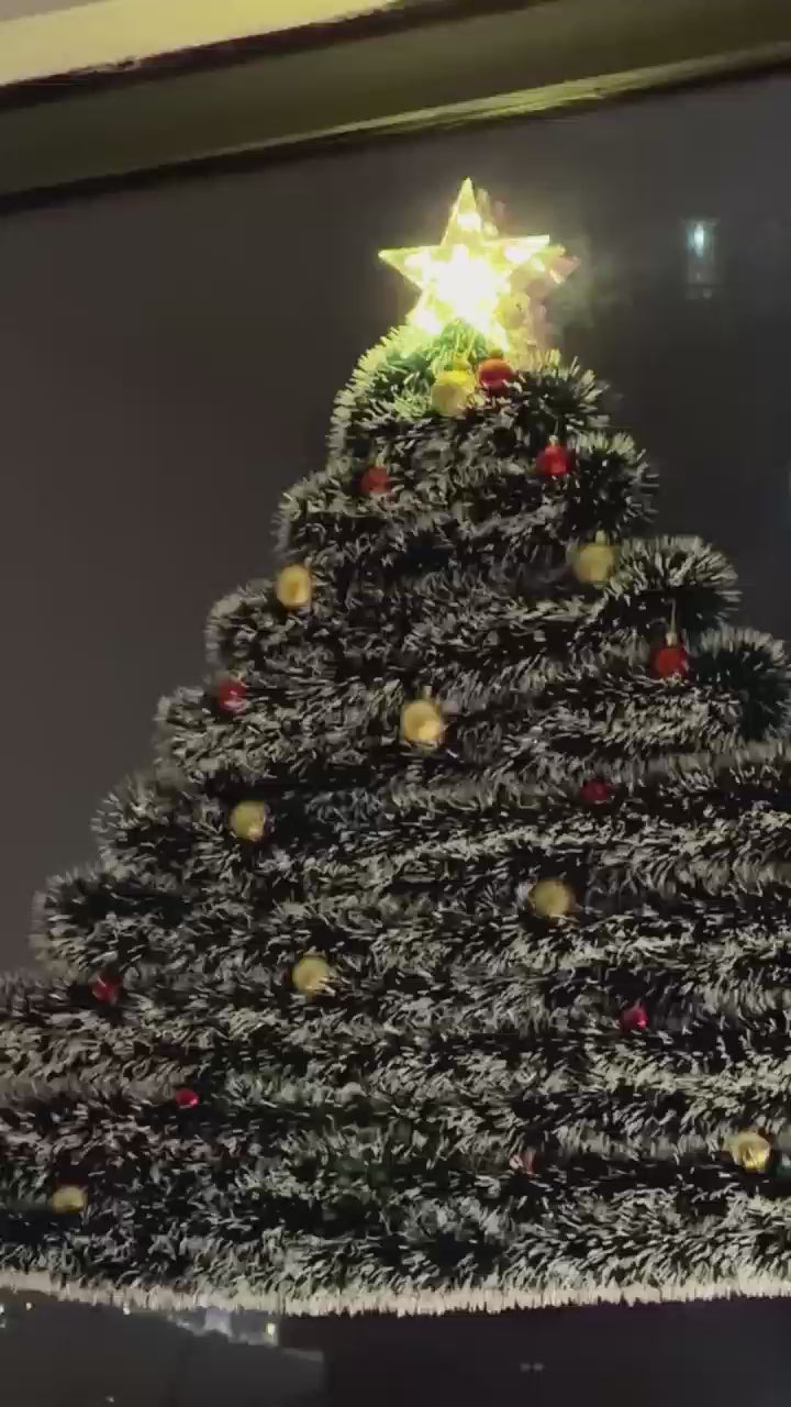 Wall-Mounted Frosted Tinsel Christmas Tree with Lights & Ornaments- Window Decor