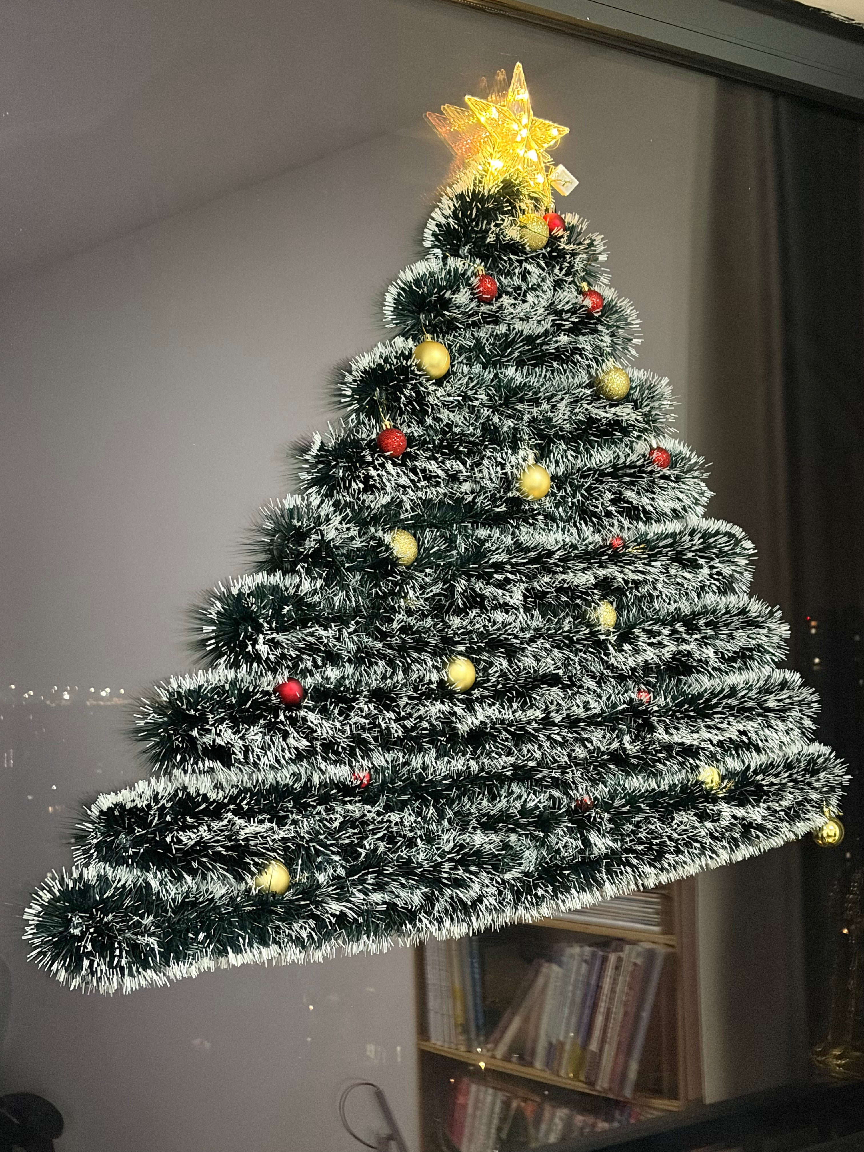 Wall-Mounted Frosted Tinsel Christmas Tree with Lights & Ornaments- Window Decor
