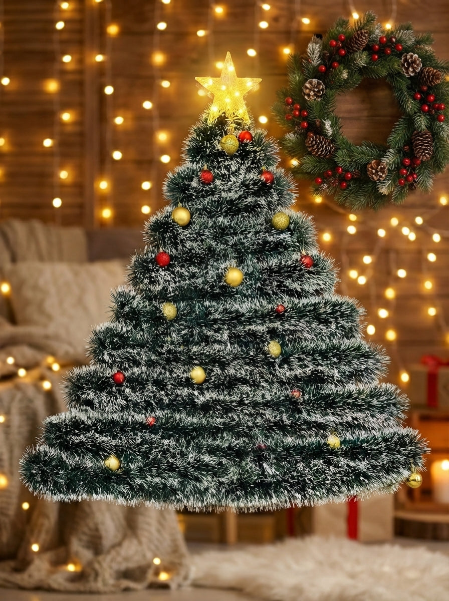 Wall-Mounted Frosted Tinsel Christmas Tree with Lights & Ornaments- Window Decor